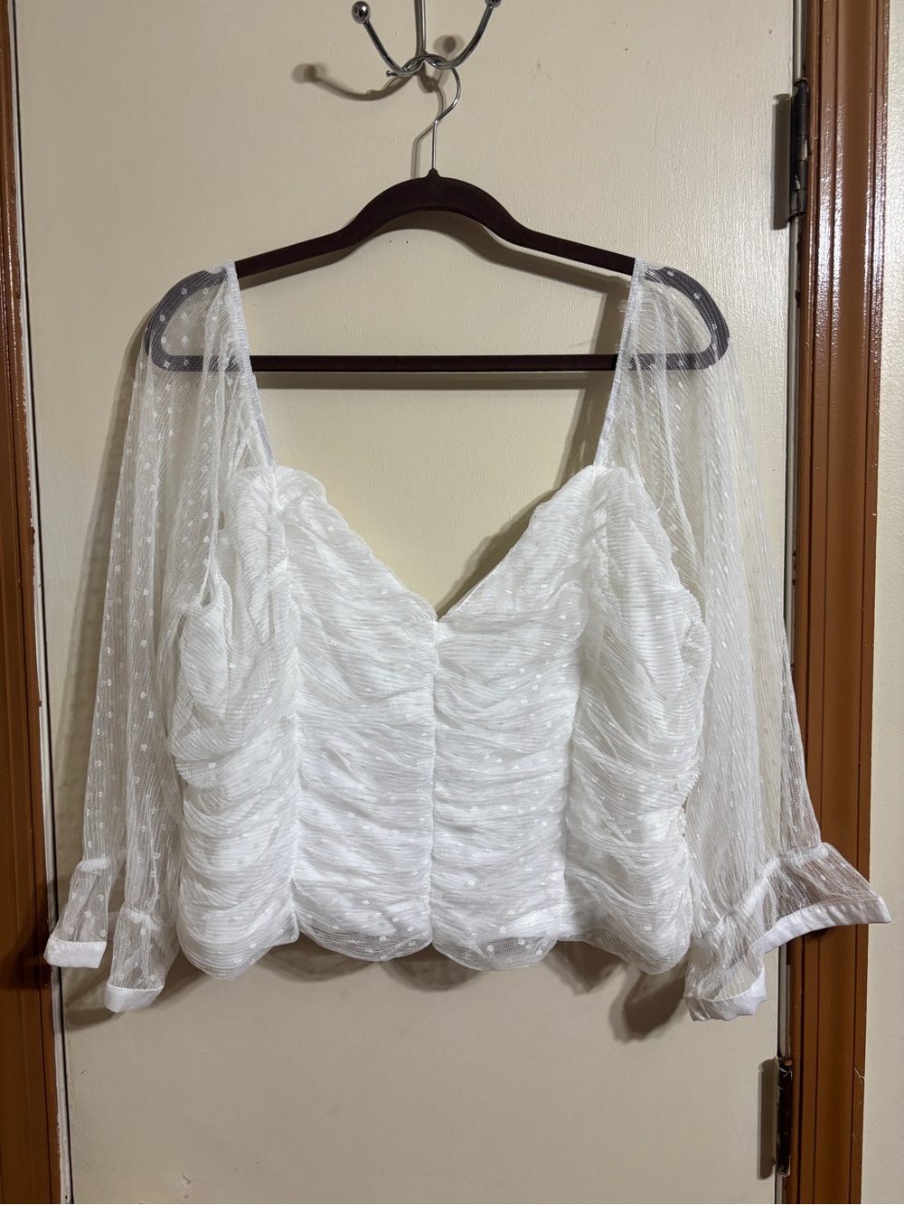 Haute Monde White Ruched Bodice Sheer Dot Puff Sleeve Blouse